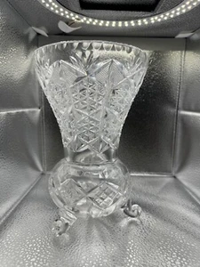 Retro Czech Bohemian Hand Floral Engraved Crystal Glass Flower Vase 8.5” (Z1) - Picture 1 of 8