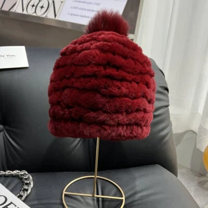 Womens Real Rabbit/Rex Fur Hat Knitted Strech Cap Warm Outdoor Earlaps Beanie - Picture 1 of 19