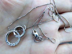 Solid 14K White GOLD 2 Rings 18 White Diamonds Pendant w/Chain NECKLACE 18" 4.1g - Picture 1 of 12