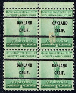 1940 1c War & Defense w/precancel f/OAKLAND CA 899-71 top margin Block of 4! - Bild 1 von 1