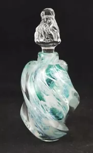 Art Glass Perfume Bottle with Stopper Hand-Blown Aqua White Clear Twist Signed - Picture 1 of 10