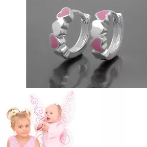 Girls Folding Creole Hearts Pink Kids Heart Earrings Pair Real Silver 925 New - Picture 1 of 3