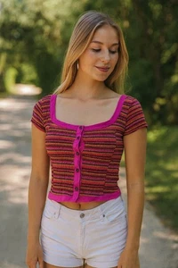 Free People Time With You Top Striped Short Sleeve Shirt Buttondown Blouse XS - Picture 1 of 8