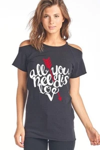 SALE All You Need is Love Cold Shoulder Cut Out Valentines Day Short Sleeve Shir - Picture 1 of 1