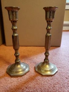 Set of 2 Vintage Tall Brass Candlestick Holders Made in India 7.5 in. - Picture 1 of 13