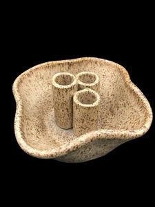Studio Pottery Ikebana Vase Bowl With 3 Flutes Artisan Stoneware Earthtones Sign - Picture 1 of 7