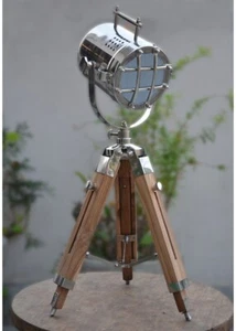 Nautical Tripod Teak Wooden Stand Table Lamp Home Decor Lighting Chrome Bedside - Picture 1 of 3