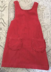 Mini Boden Girls Red Corduroy Pinafore Dress Jumper 8 9 Cord Ruffle Pockets - Picture 1 of 5
