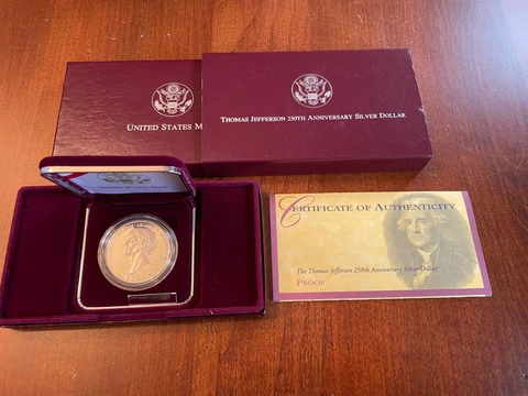 1993 US Mint Thomas Jefferson Proof Silver Dollar with box and COA Cover