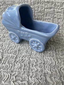 Vintage Ceramic Planter Nursery Baby Shower Boy Blue Carriage Buggy 5x5 Q-tips - Picture 1 of 6