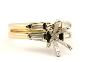 platinum 14k yellow gold wedding set 10x7mm pear shape baguette semi-mount sz5 - Picture 1 of 5
