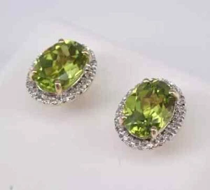 4Ct Oval Cut Lab-Created Green Peridot Halo Stud Earrings 14K Yellow Gold Plated - Picture 1 of 6