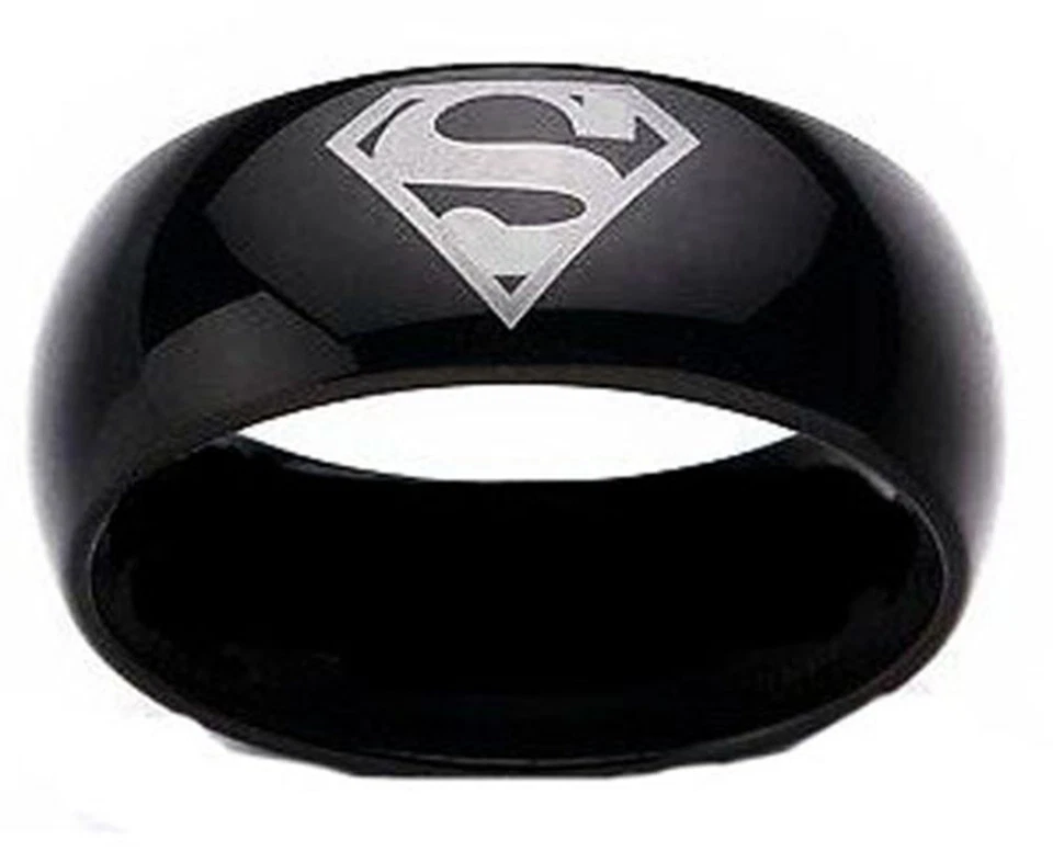 Superman Print on a Black Tungsten Carbine DC Width 8 mm Band Ring R161  - Photo 1/1
