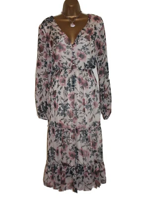 Vestido de té Lipsy floral Midi día 14 mangas largas con botones fiesta boho ocasión Reino Unido Foto 1 de 4