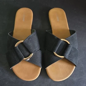Deichmann Graceland schwarze Sandalen Goldringoptik Pantoletten Damen - UK 4 - Bild 1 von 4