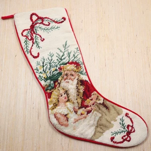 VTG Victorian Style Wool Needlepoint Christmas Stocking Santa Girl Bow - Picture 1 of 5