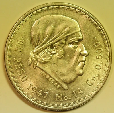 Peso de prata mexicano mw29381 1947 General Morelos KM#456 BU - Imagem 1 de 2