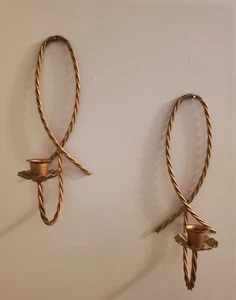 Vintage Pair Home Interior Gold Metal Twisted Rope Candle Holders Wall Sconces - Picture 1 of 3
