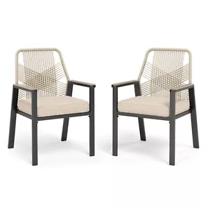 Patio Chairs Set of 2 Wicker Rattan Outdoor Dining Chairs with Cushion Beige - Picture 1 of 9