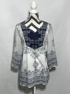 Chicos Women Blue White Top Blouse Pullover V Neck Top Size 1 Boho Casual Dressy - Picture 1 of 10