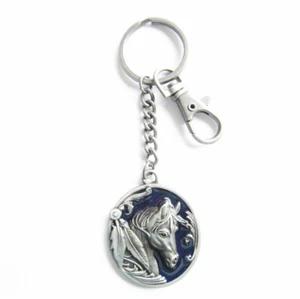 Vintage Blue Enamel Western Horse Metal Pendant Charm Oval Key Ring - Picture 1 of 2