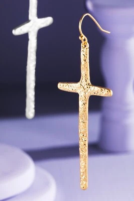 Textured Cross Statement Earrings Long Drop 2.5" Silver or Gold Tone Lightweight - Image 1 of 4