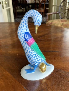 Herend Figurine Goose w/ Golden Egg - Blue Fishnet 7.5" - Picture 1 of 7