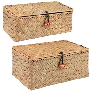 Wicker Shelf Baskets with Lid,Handwoven Seagrass Basket for Storage Basket Bi... - Picture 1 of 6