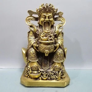Chinese Brass Seat Dragon Mammon Money Wealth God Hold Treasure bowl Statue - Picture 1 of 9