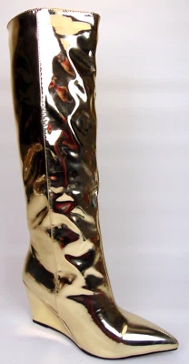 女士礼服及膝高筒靴楔形鞋跟 7.5 M 码,金色,全新展示 — 第 1/4 张图片