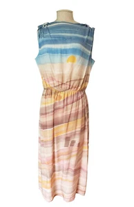 Vintage Sleeveless Silk Crepe Dress Beachscape Print Fit Flare Nicole Ltd Size 8 - Picture 1 of 13