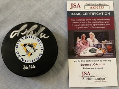 Disco automático autografiado Fleer Legacy 2001 firmado por Mario Lemieux #D 36/66 con certificado de autenticidad JSA Foto 1 de 4