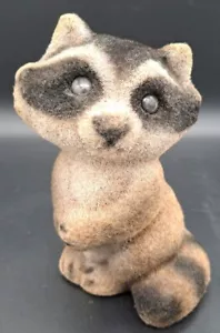 Vintage Flocked Fuzzy Baby Raccoon Bandit Coin Bank Stands 6" Plastic Hong Kong - Picture 1 of 3
