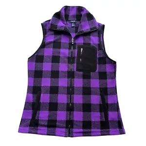 Chaps Sport Women’s Medium Black Purple Buffalo Check Plaid Fleece Full Zip Vest - Picture 1 of 18