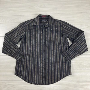 Bugatchi Uomo Sz Medium Shirt Black Brown Striped Floral Button Collar - Picture 1 of 8