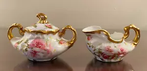 Jean Pouyat Limoges Antique Pink Floral Gold Trim Lidded Sugar Bowl & Creamer - Picture 1 of 21