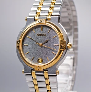 [Exc+5] Vintage GUCCI 9000M Schwarz Gold Bicolor 32mm Quarz Datum Herrenuhr - Bild 1 von 11