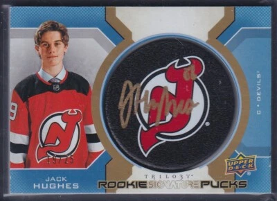 JACK HUGHES - 2019 UD Trilogy Rookie Signature Pucks Auto #RSP-JH, /25 - Image 1 of 2