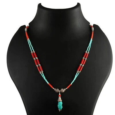 Turquoise, Coral Gemstone Tibetan 925 Sterling Silver Necklace Jewelry 18 inc - Image 1 of 4