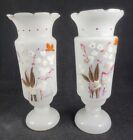 Victorian 19th/20th C. Bristol White Glass Vases Lobbed Rim Hand-Painted x 2