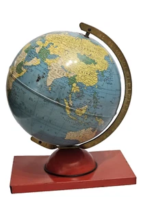 VINTAGE METAL WORLD GLOBE REPLOGLE MID CENTURY 8" PIVOTING BRASS HANGER BOOK - Picture 1 of 23