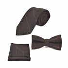 Luxury Herringbone Chocolate Brown Bow Tie, Tie & Pocket Square Set - Tweed, Pla