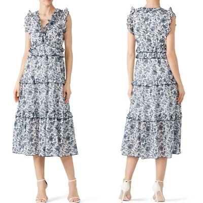 ROBERT RODRIGUEZ Carmen Dress Women 14 Blue Floral Ruffle Midi Cotton Silk - Image 1 of 4