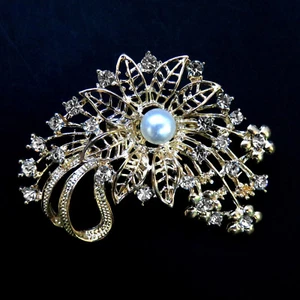 Flower and Ribbon Rhinestone Brooch Faux Pearl 2.5" - Picture 1 of 3
