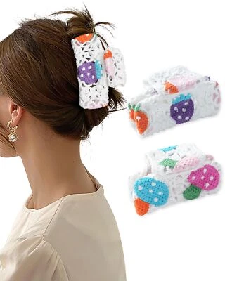 2 PCS Larger Crochet Hair Claw Clips Knitted Strawberry Non-Slip Jaw Clips - Image 1 of 4