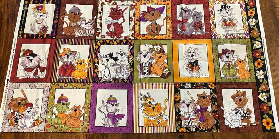 Loralie Harris Fabric SPICE CATS Cotton Panel Anthropomorphic OOP 23 x 44” - Image 1 of 4