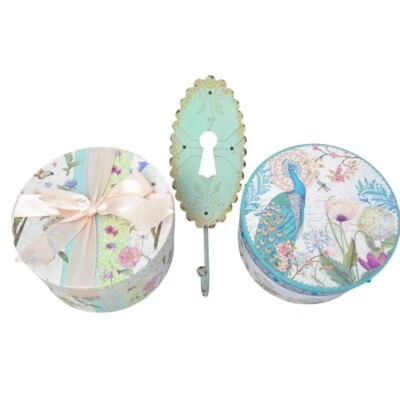 Gancho para abrigo con llave verde como nuevo y cajas redondas decorativas melocotón pavo real azul (juego de 3) Foto 1 de 4