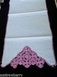 VTG white cotton linen Table runner pink  crochet lace 16" x 38" - Picture 1 of 7