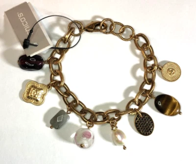 Chicos Gold Charm Bracelet Pearl Rhinestone Agate Tigers Eye Art Glass NWT 7668 - Image 1 of 4