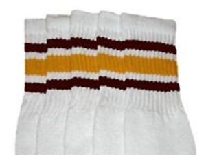 25” KNEE HIGH WHITE tube socks with DARK BROWN/GOLD stripes style 3 (25-10) 